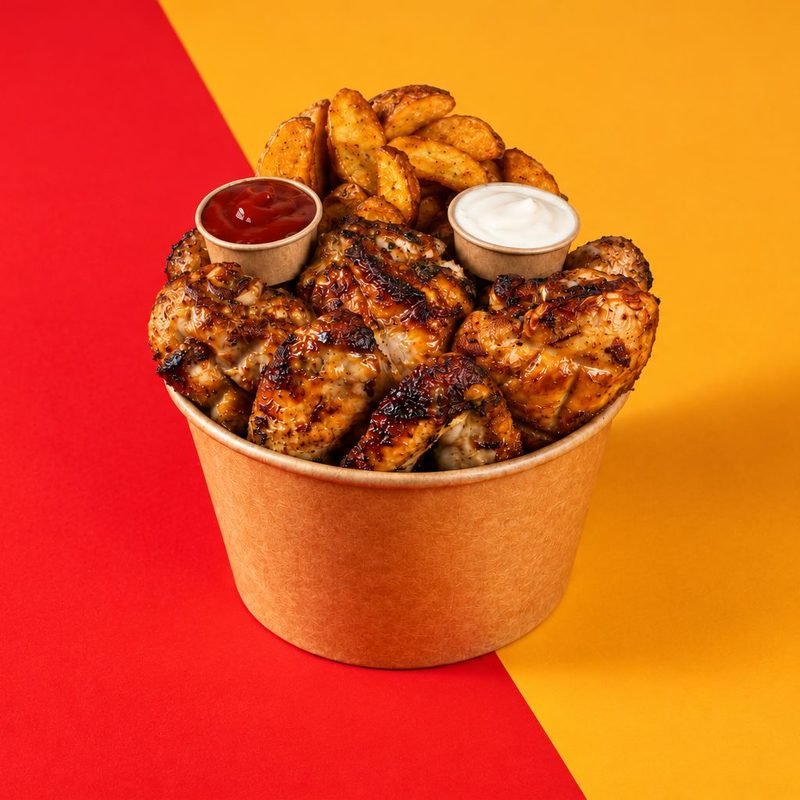 Bucket de pilons et wings croustillants avec potatoes et sauces