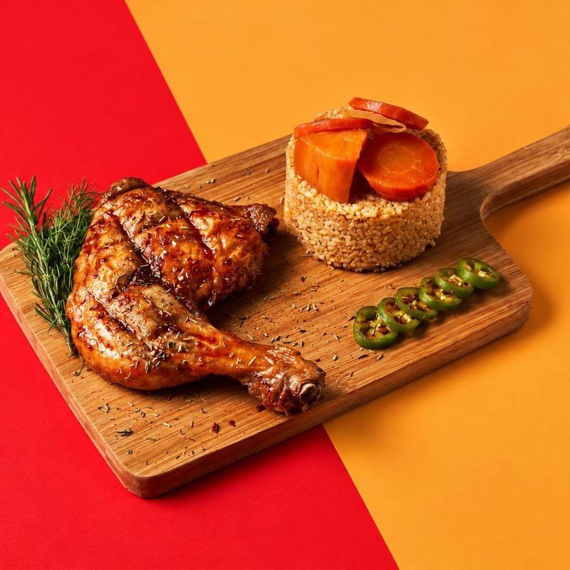 Cuisse de poulet roti, riz et legumes sur planche en bois