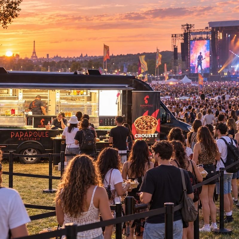 Foodtruck Papapoule en festival, devant la scene